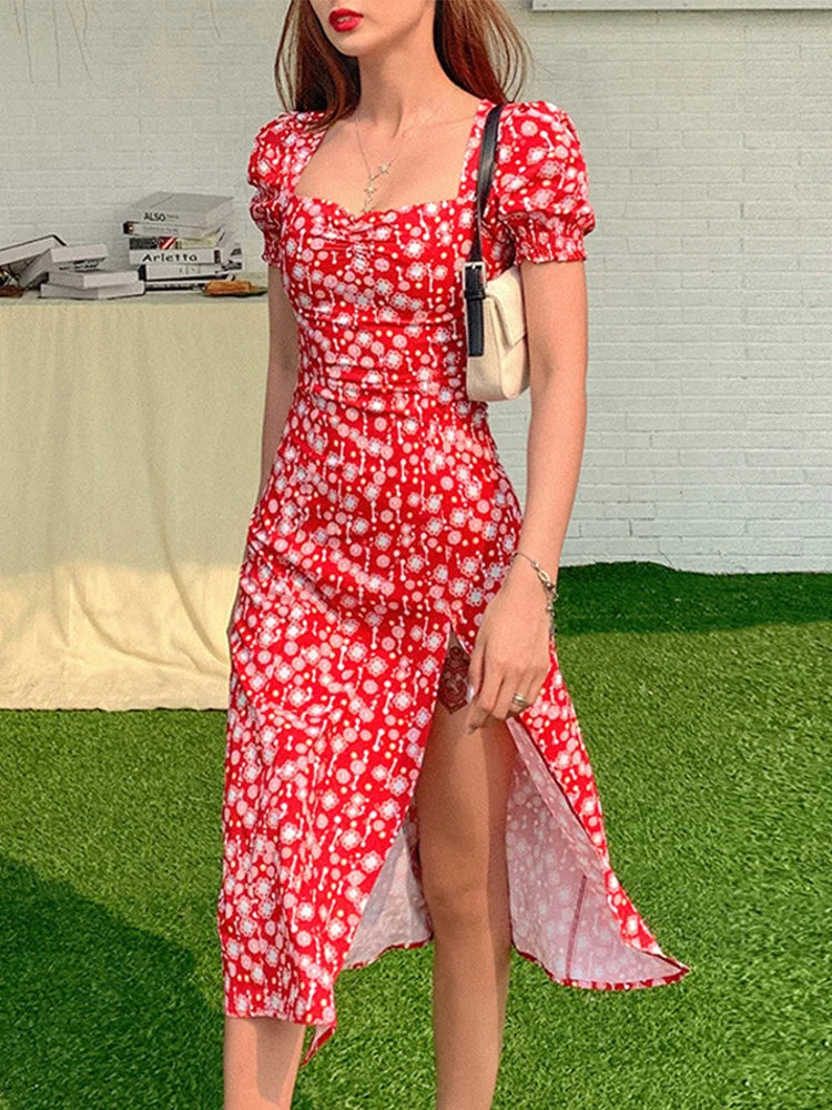 Puff Sleeve Knee length Floral Dress