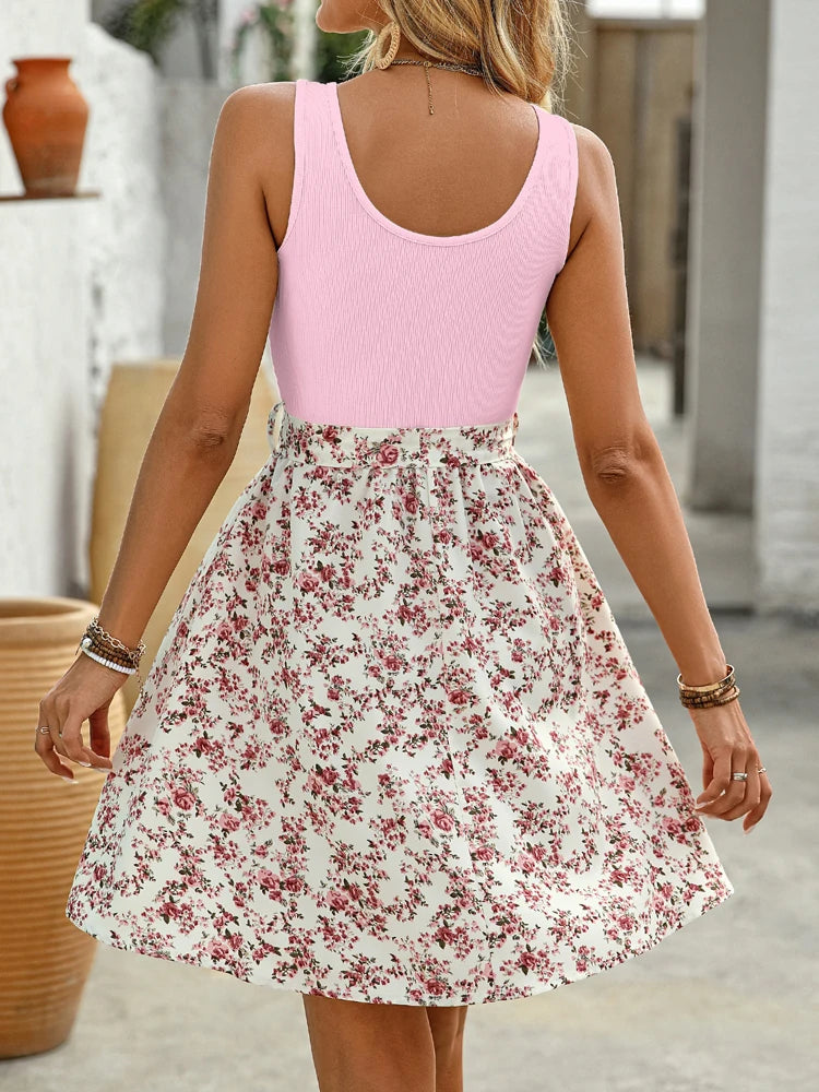Elegant Lace-up Sleeveless Floral Dress