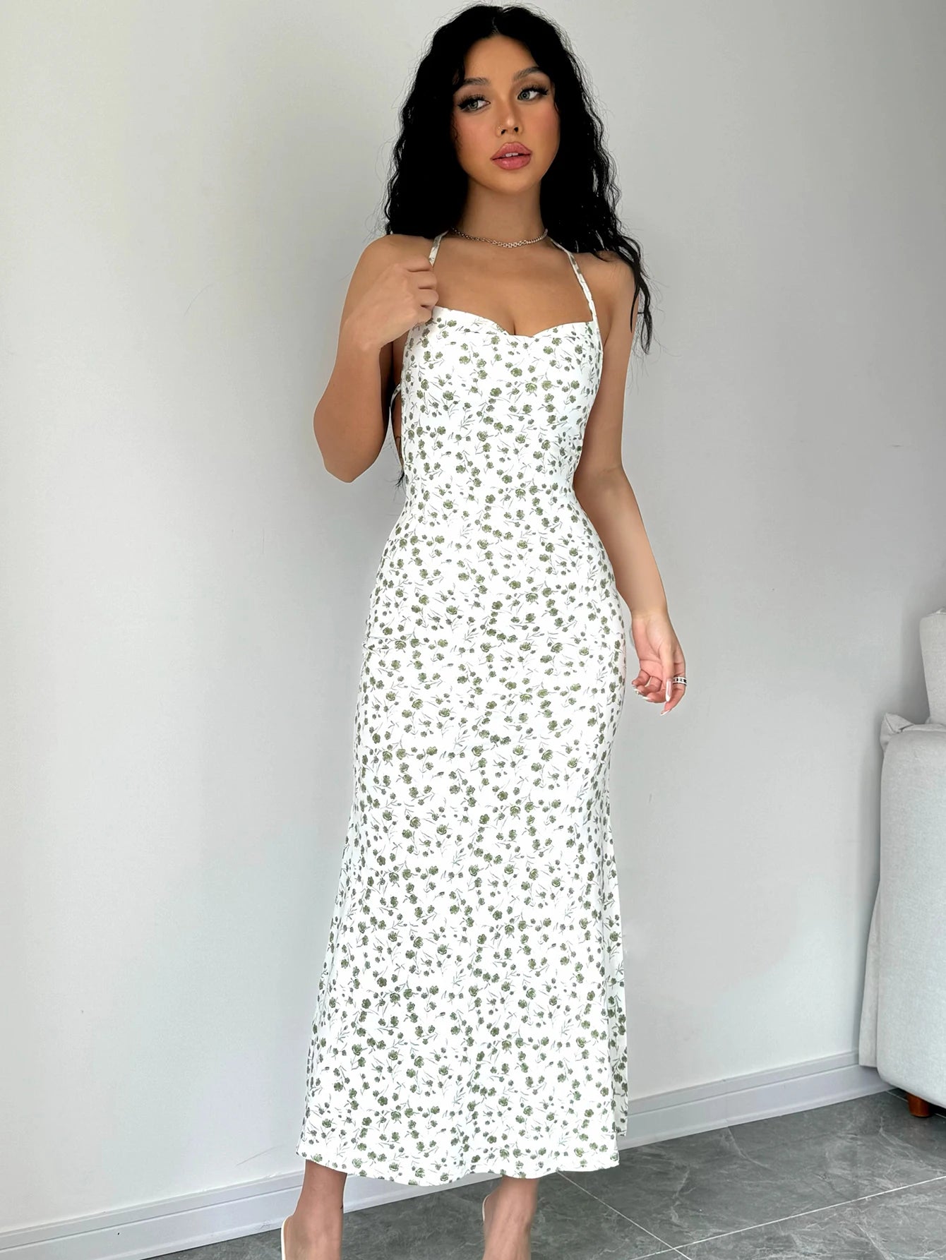Sleeveless Halter Neck Floral Print Midi